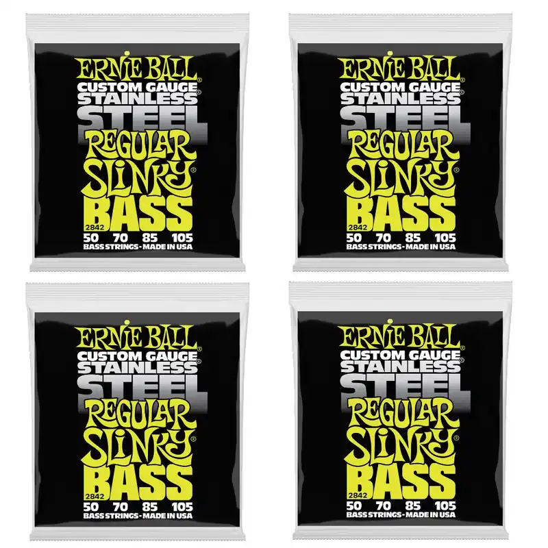 4-Pack of Ernie Ball 2842 Hybrid Slinky Stainless Steel Electric Bass Strings, 50-105 Professional Grade