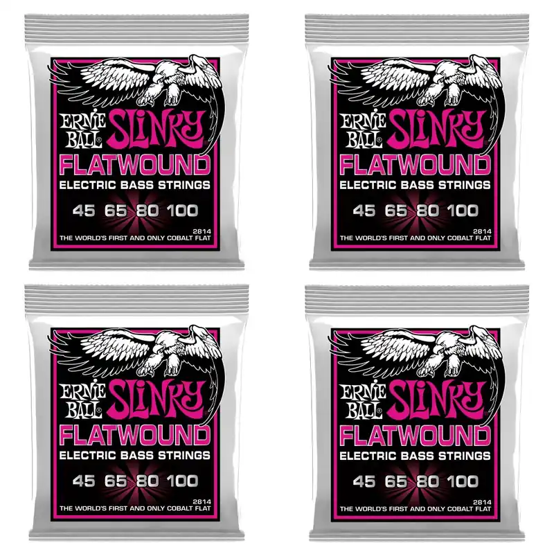 Weekend Sale 4-Pack of Ernie Ball 2814 Super Slinky Flatwound Electric Bass Strings, 45-100