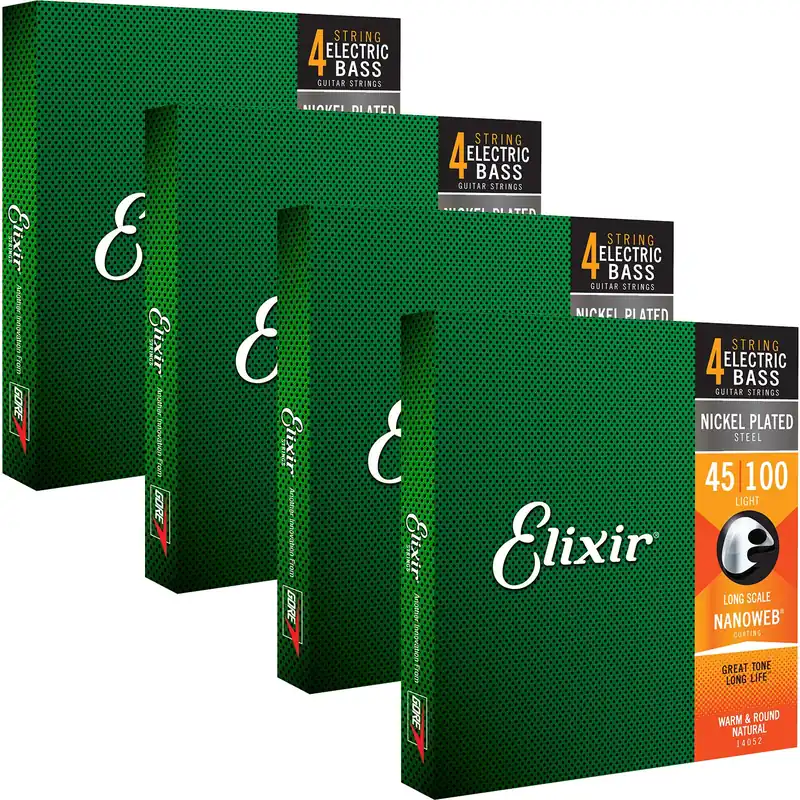 4 Sets Elixir 14052 NANOWEB 4-String Light/Long Scale Electric Bass Strings 45-100 Top Rated