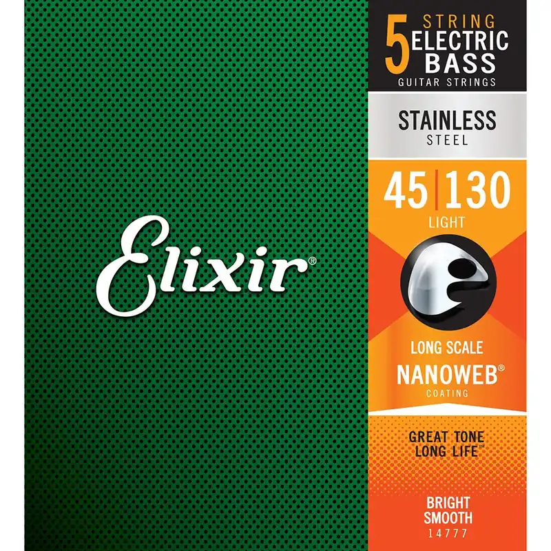 Elixir 14777 NANOWEB 5-String Medium with Light B Long Scale Electric Bass Strings (45-130) Trending