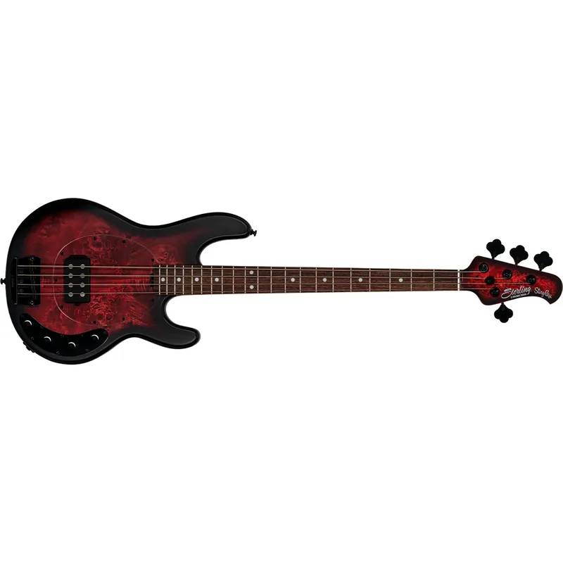 Sterling by Music Man StingRay RAY34 Poplar Burl Bass, Dark Scarlet Burst Satin Holiday Sale