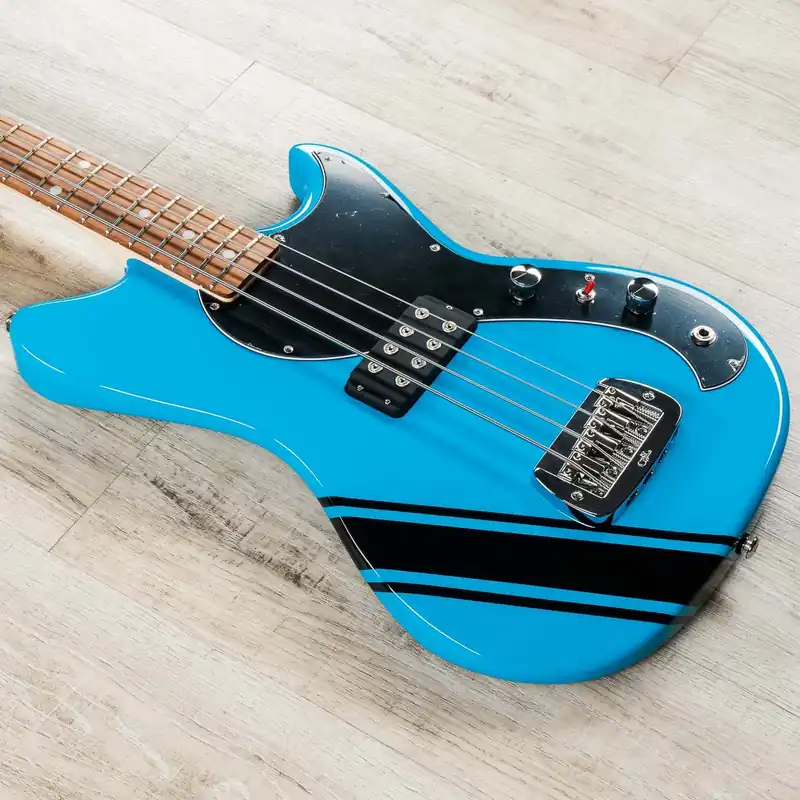 In Demand G&L Fallout Bass Launch Edition 30'' Short Scale Bass Guitar, Caribbean Rosewood Fretboard, Miami Blue