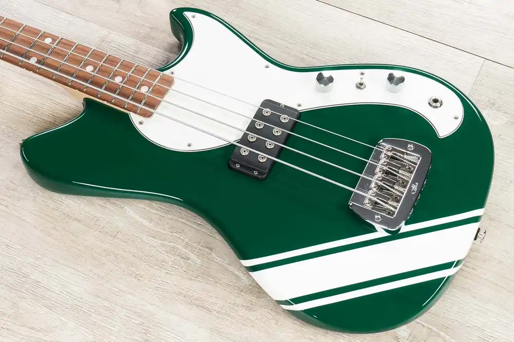 Clearance G&L USA Launch Edition Fallout Short Scale Bass, Racing Green w/Competition Stripes, Caribbean Rosewood Fretboard