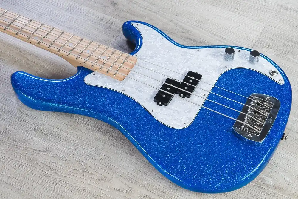 Best Price G&L USA LB-100 4-String Electric Bass, Maple Fingerboard, Red Metal Flake Headstock, Hard Case - Blue Metal Flake
