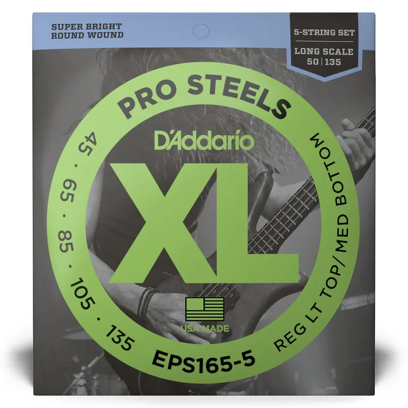 D'Addario EPS165-5 ProSteels 5-String Custom Light Long Scale Bass Strings 45-135 Crafted