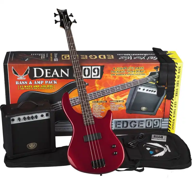 Deal Dean Edge 09 Bass Pack with Bass Guitar in Red Finish, Bassola 10 Amp, Gig Bag, Tuner, Cable, Strap, & Picks