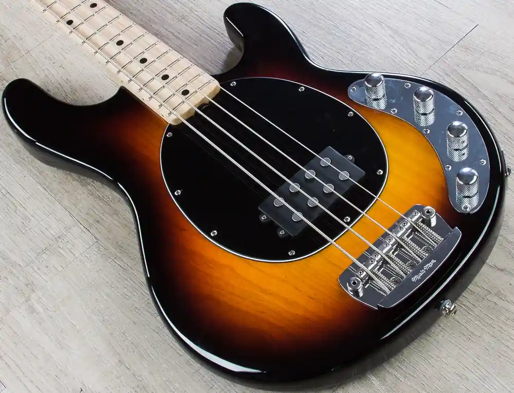 Discount Ernie Ball Music Man StingRay 4 - 4-String Bass Vintage Sunburst Finish Humbucker with Hard Case