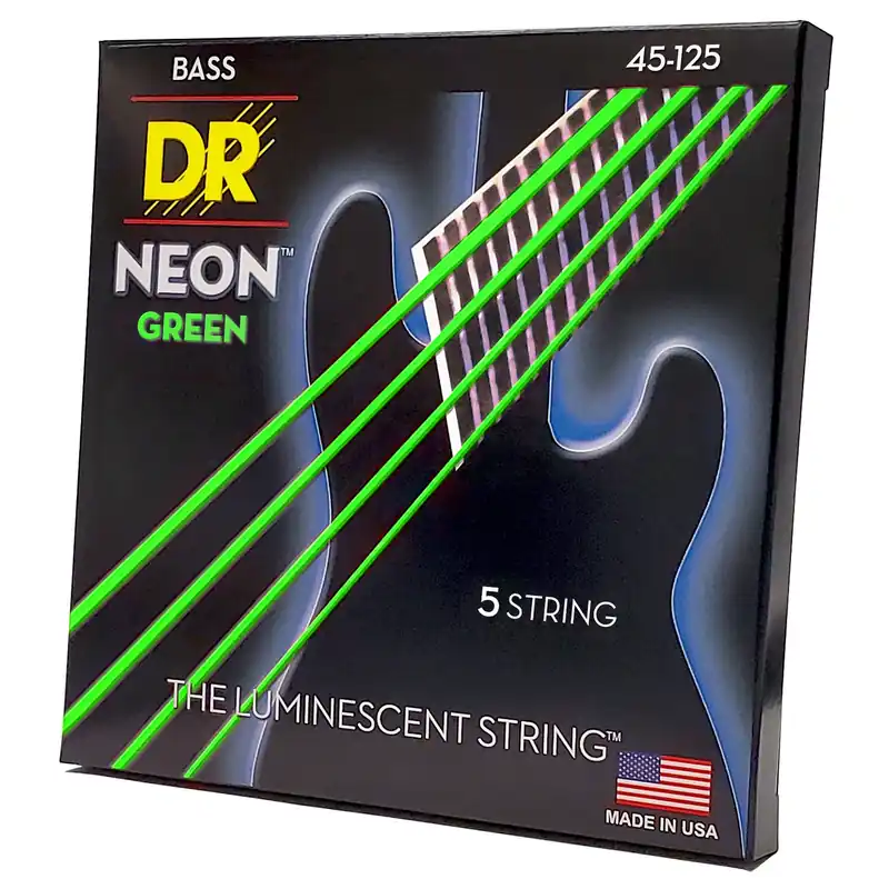 High Quality DR Strings Hi-Def Neon Green Colored Bass Strings: 5-String Medium 45-125