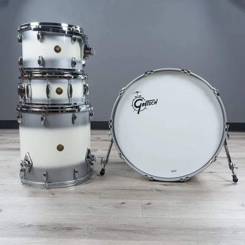 Trending Gretsch USA Custom 4-Piece Drum Kit w/ Snare, Silver Duco Gloss Lacquer