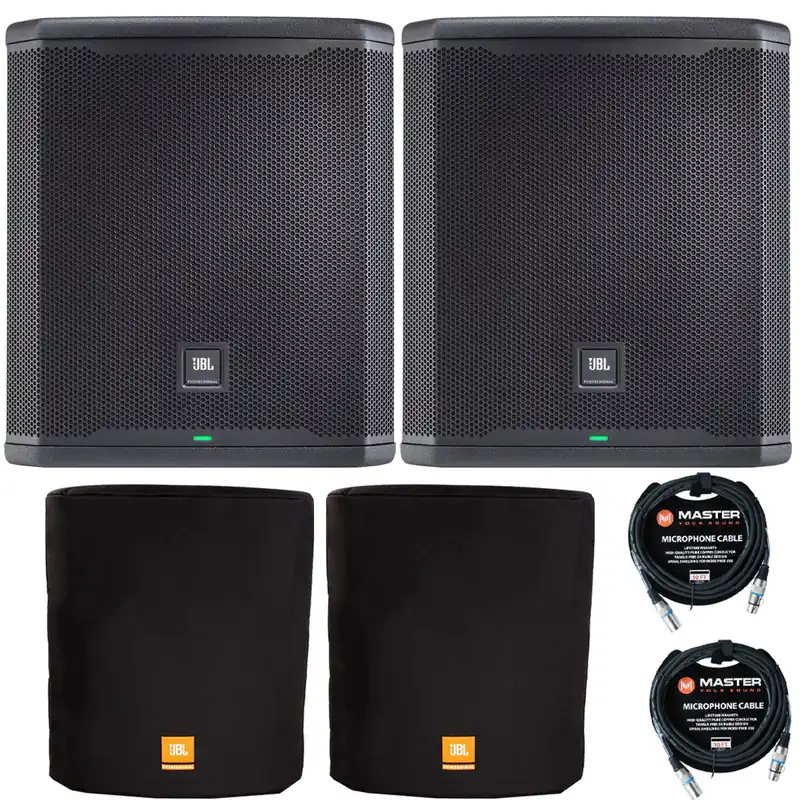 Fresh Stock Pair of JBL PRX915XLF 2000-Watt 15-Inch Powered PA Subwoofers w/ Slip-On Covers & Cables