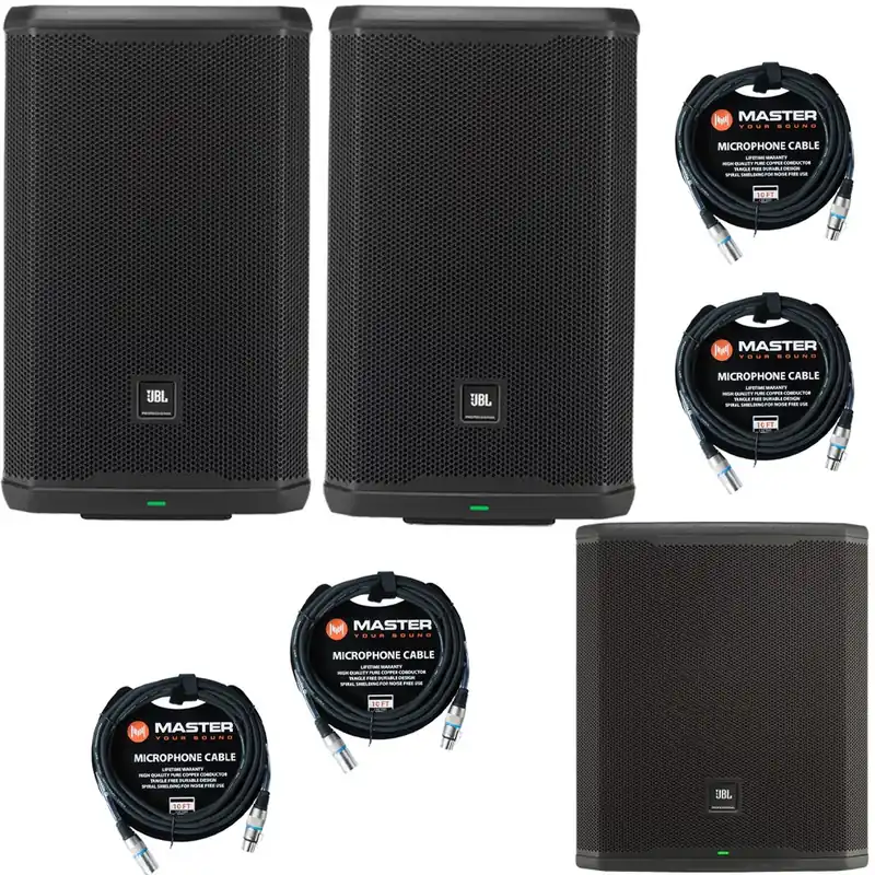 Pair of JBL PRX912 2000-Watt 12-Inch 2-Way Powered PA Speakers w/ PRX918XLF Subwoofer & Cables Certified
