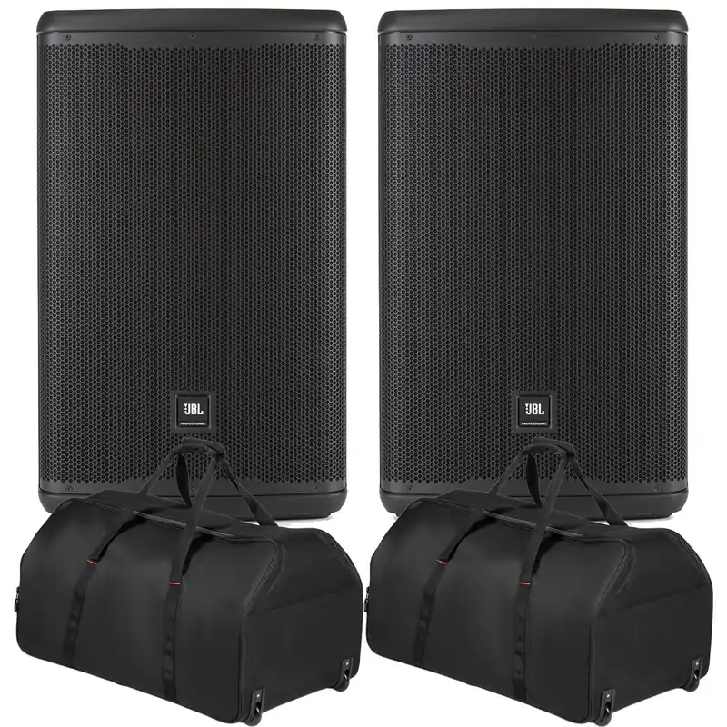 Pair of JBL EON715 15-Inch 1300-Watt Powered PA Speaker w/ Tote Bags with Wheels Direct From Manufacturer