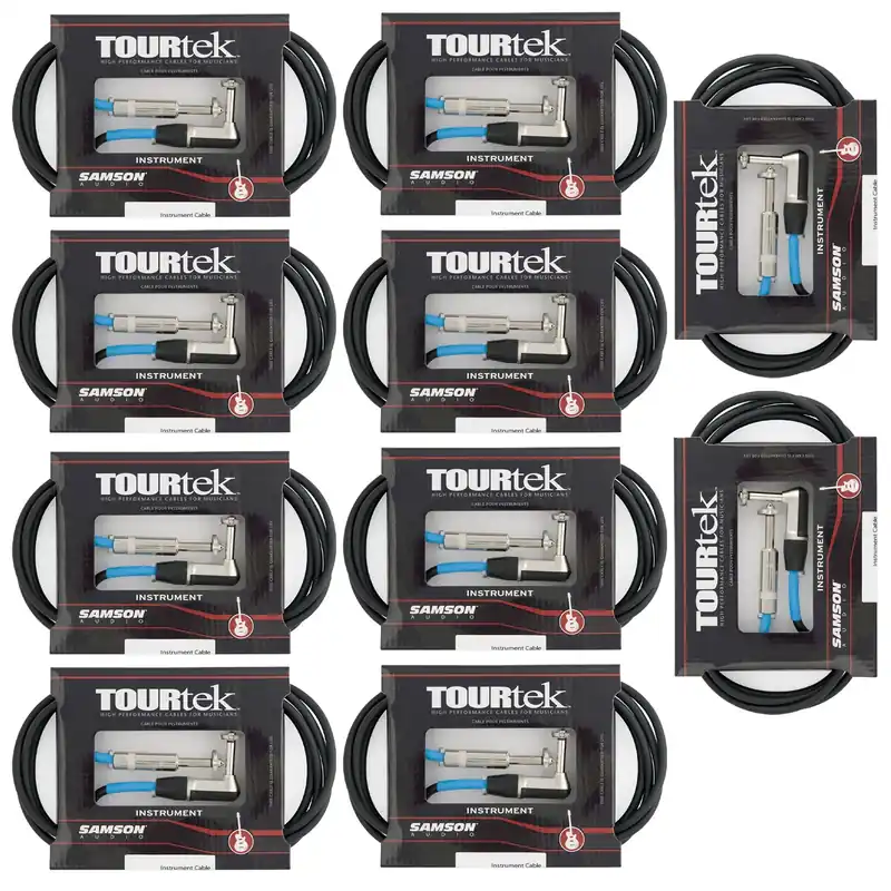10-Pack of Tourtek TIL10 1/4Instrument Cables, 10ft, Straight-Right Angle Connectors Handmade