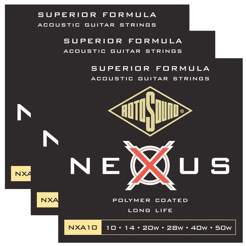 3-Pack Rotosound NXA10 Nexus Acoustic Clear Coated Phosphor Bronze Guitar Strings, 10-50 Fan Favorite