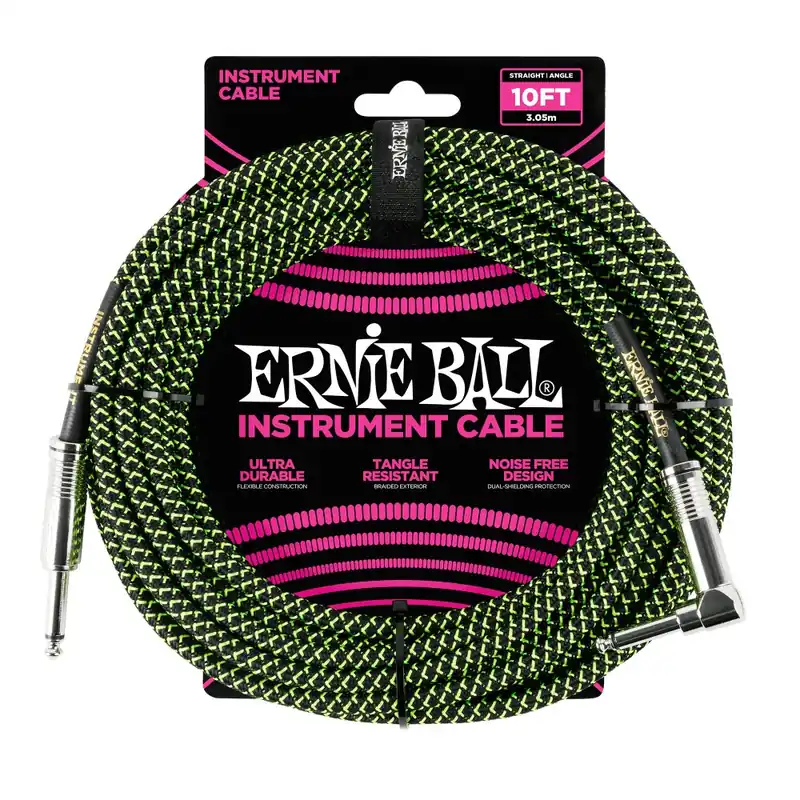 Latest Ernie Ball 6077 10' Braided Straight / Angle Instrument Cable, Black and Green