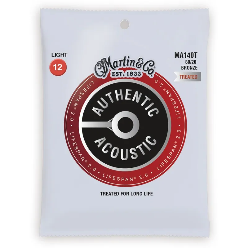 Martin Guitars MA140T Authentic Lifespan 2.0 Strings, 80/20 Bronze, Treated, Light, 12-54 Crafted