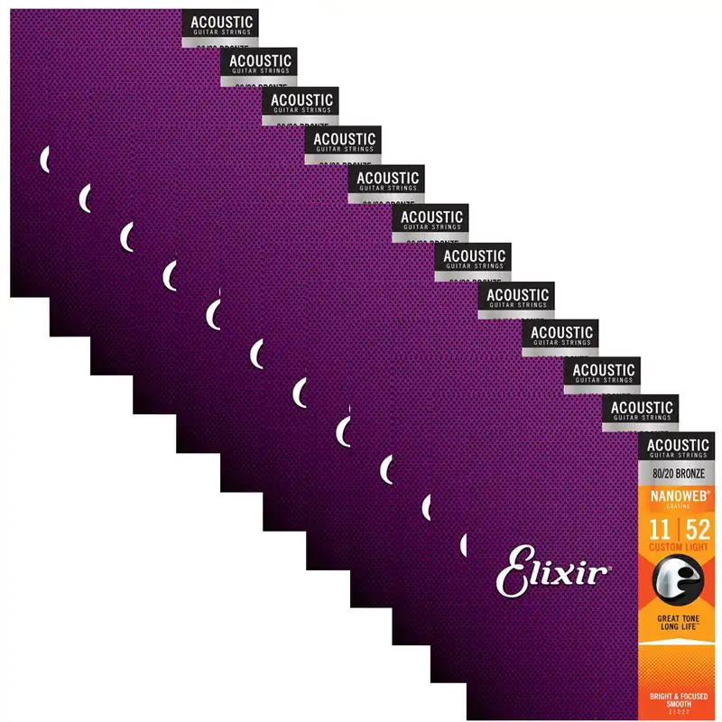 12 Sets of Elixir 11027 Nanoweb 80/20 Bronze Custom Light Acoustic Guitar Strings (11-52) Discount