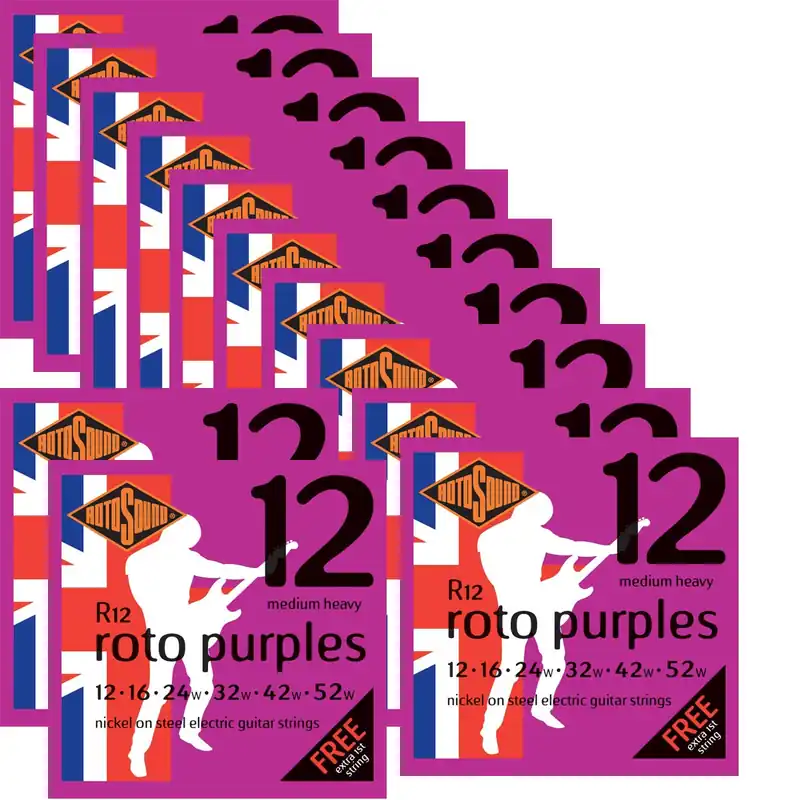 Genuine 12-Pack Rotosound Roto Purples R12 Nickel on Steel Electric Guitar Strings, Wound G, 12-52