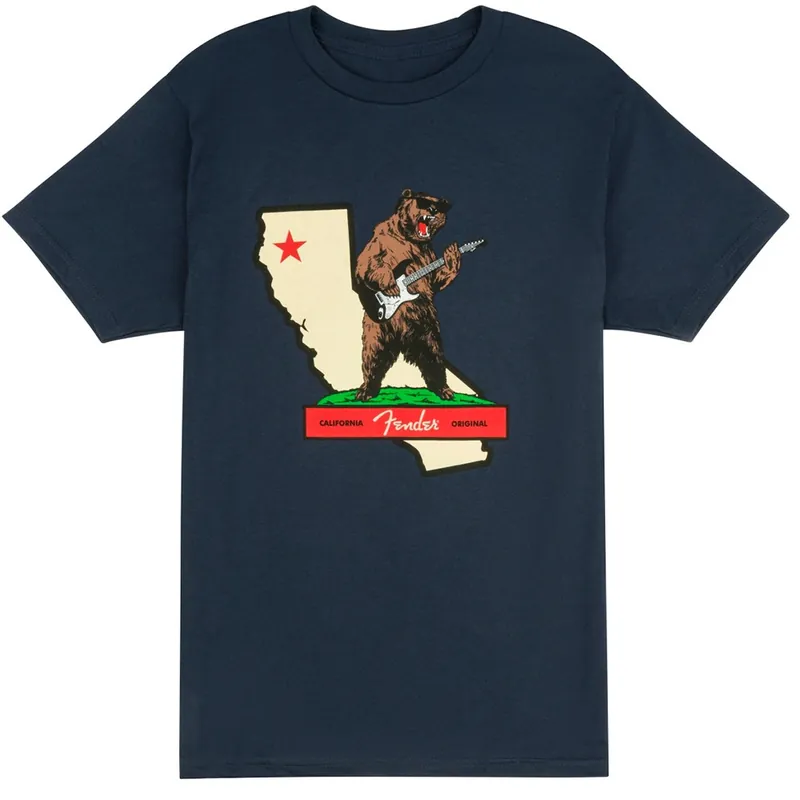 Next Day Delivery Fender Guitars & Amps Rocks Cali T-Shirt, Navy, M Medium