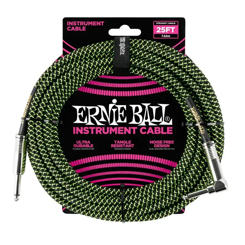 Ernie Ball 6066 Braided Guitar Cable, Straight to Right-Angle, Black/Green - 25ft Big Sale
