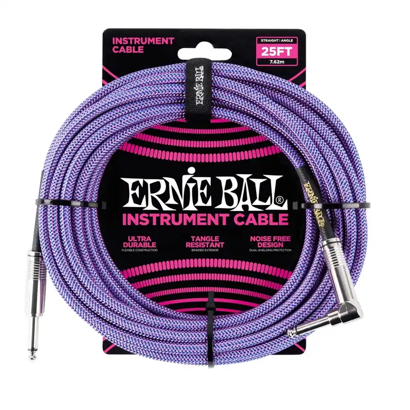 Reduced Price Ernie Ball 6069 Braided Guitar Cable, Straight to Right-Angle, Purple - 25ft