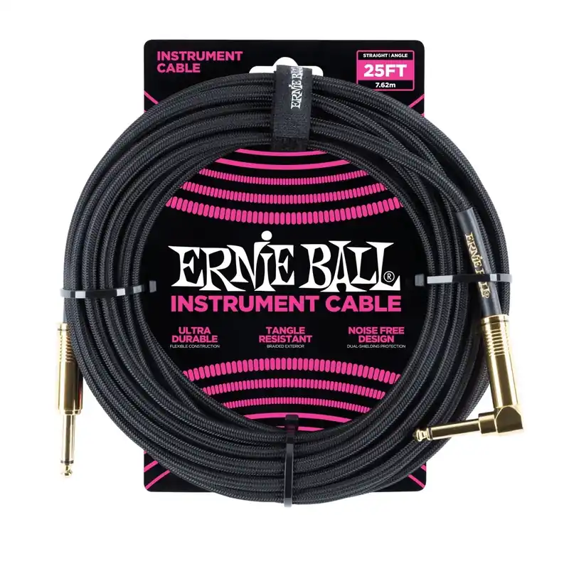 Clearance Ernie Ball 6058 Braided Guitar Cable, Straight to Right-Angle, Black - 25ft