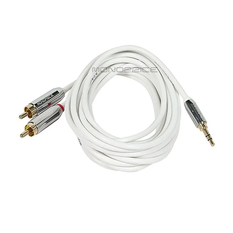 Monoprice 9301 10ft Designed for Mobile 3.5mm Stereo Male to RCA Stereo Male (Gold Plated) - White While Supplies Last