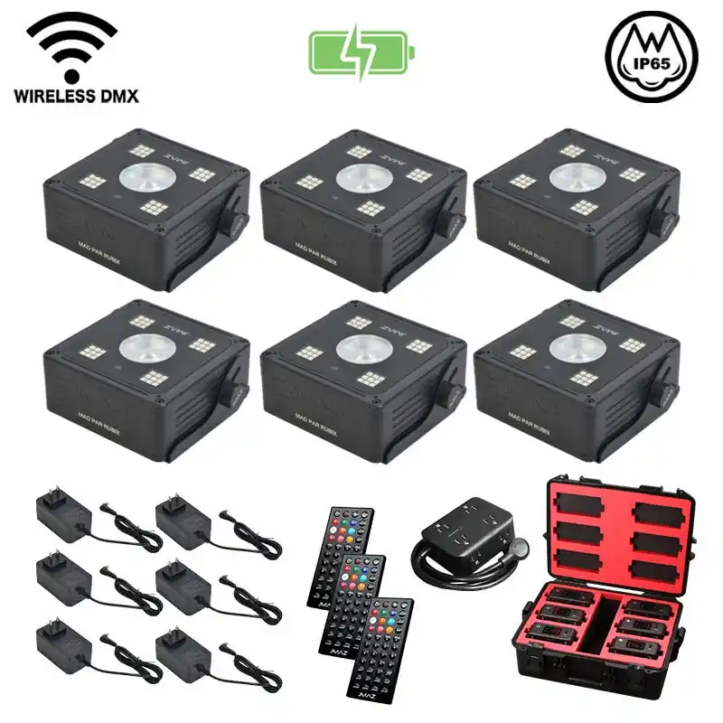 JMAZ Lighting MAD PAR RUBIX 6PK 20W RGBA 18W (36 x 0.5W) RGB+WW SMD LED Battery-Powered Outdoor Uplight Kit Worldwide Shipping