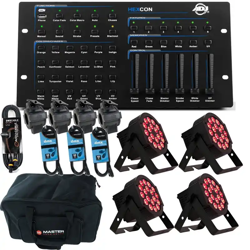 Trending ADJ 18P HEX PAR X 4 + HEX DMX Controller + Cables Bundles +Bag
