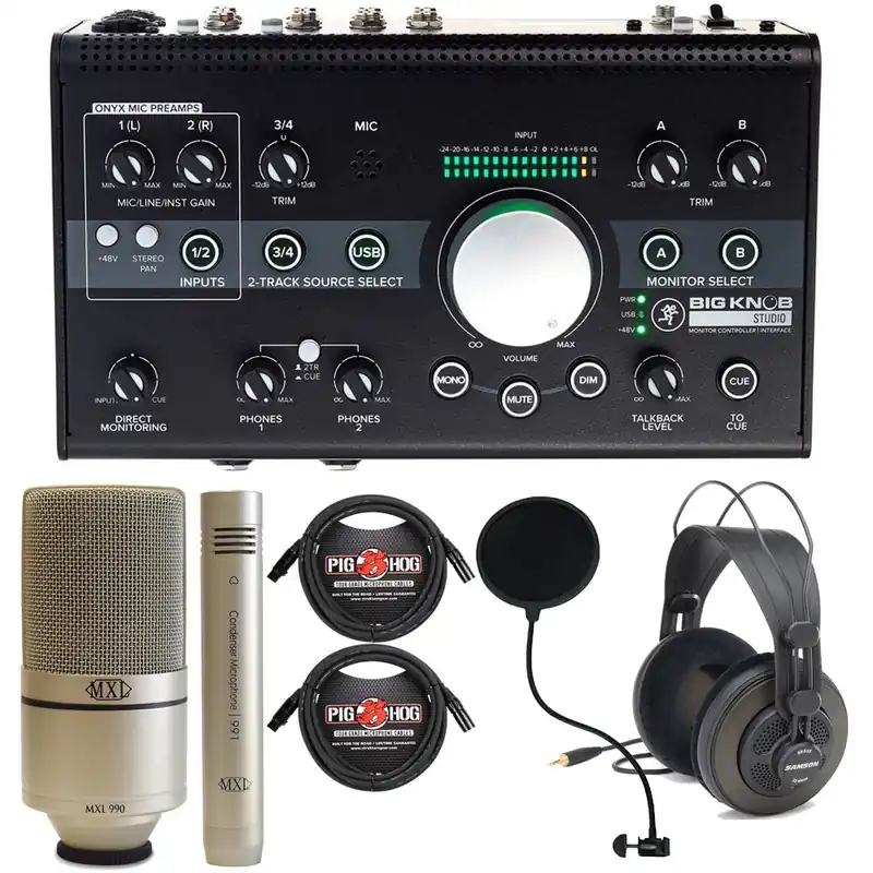 Authentic Mackie Big Knob Studio -24 Bit 192 kHz, Audio Interface + MXL 990-991 Mics Recording Bundle