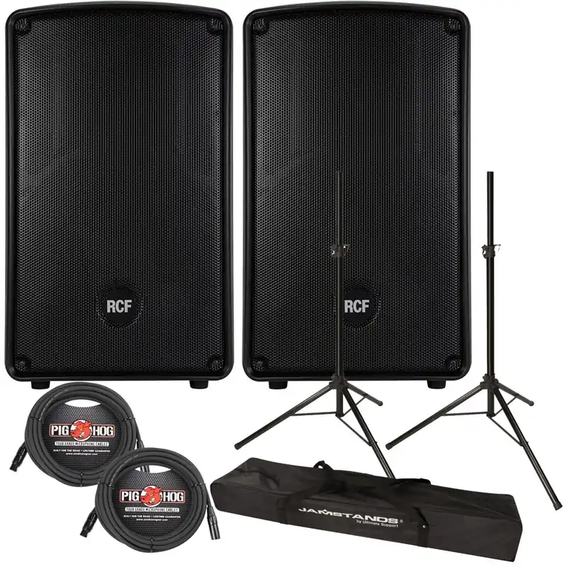Warranty Included RCF HD12-A Active 2-Way 1200-Watt Bi-Amped Speaker Pair with Carry Bags, Stands, & Cables