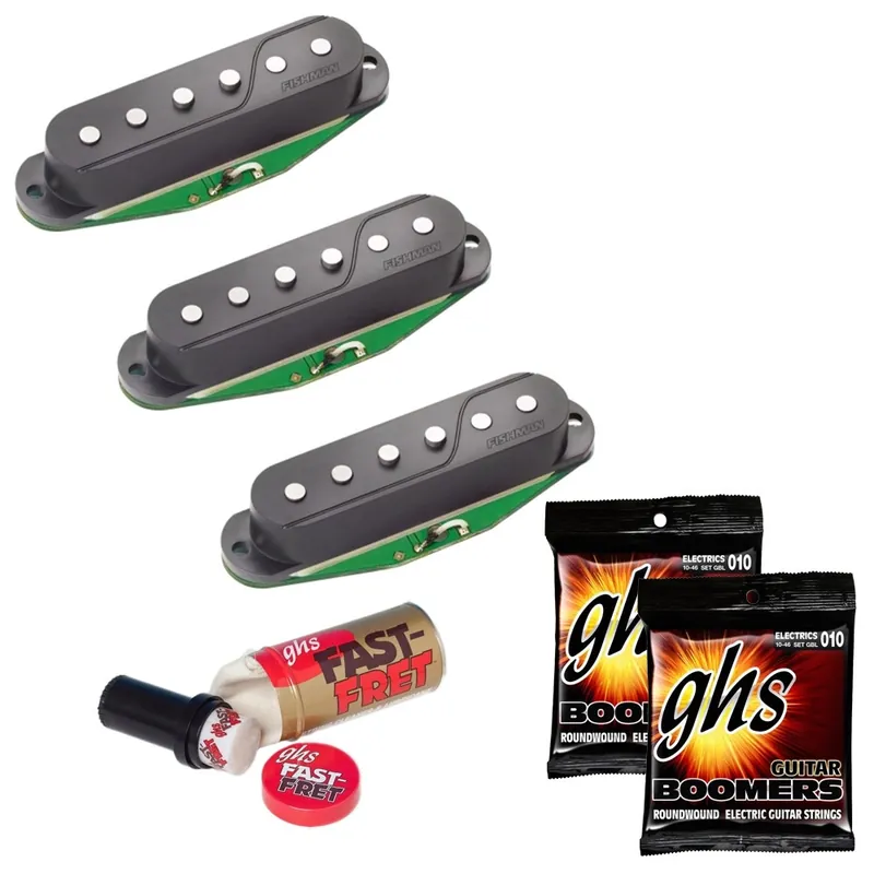 Instant Buy Fishman PRF-STR-BK3 Pickups for Strat (Set of 3) in Black with GHS Fast Fret and Strings