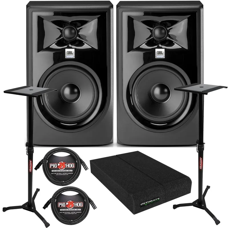 Hassle-Free Returns JBL 305P MkII Powered 5Studio Monitor Pair with Isolation Pads, XLR Cables, and Stands