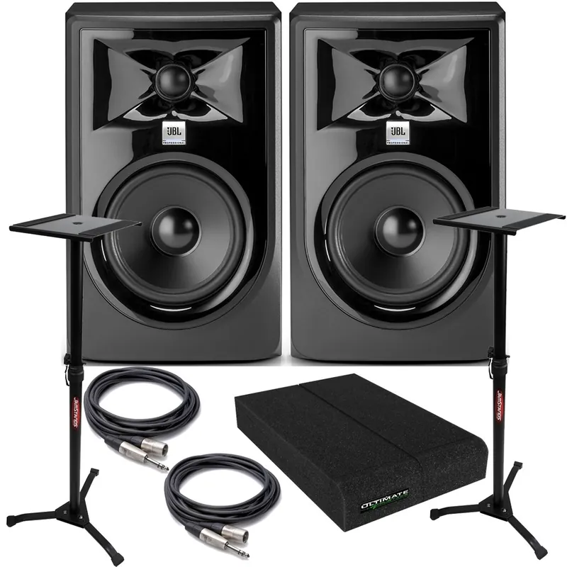 JBL 305P MkII Powered 5Studio Monitor Pair with Isolation Pads, TRS/XLR Cables, and Stands Money Back Guarantee