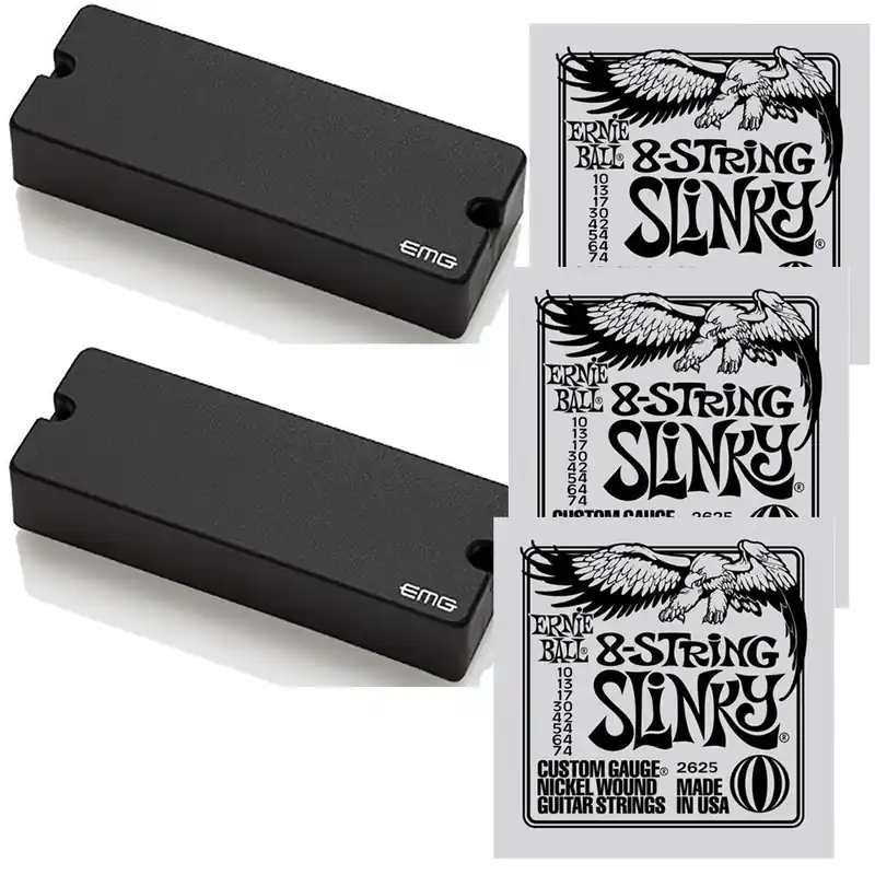 EMG 81-8 and 85-8 Active Soapbar Pickup Set (Black) with 3-Pack of Ernie Ball Strings (10-74) Best Seller