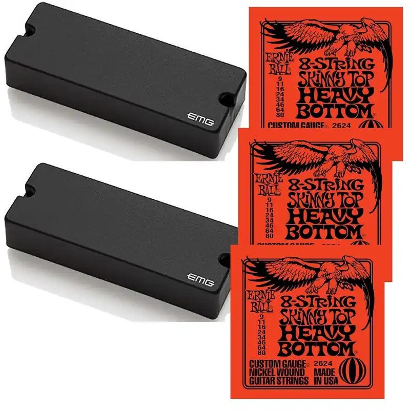 EMG 81-8 and 85-8 Active Soapbar Pickup Set (Black) with 3-Pack of Ernie Ball Strings (9-80) Premium