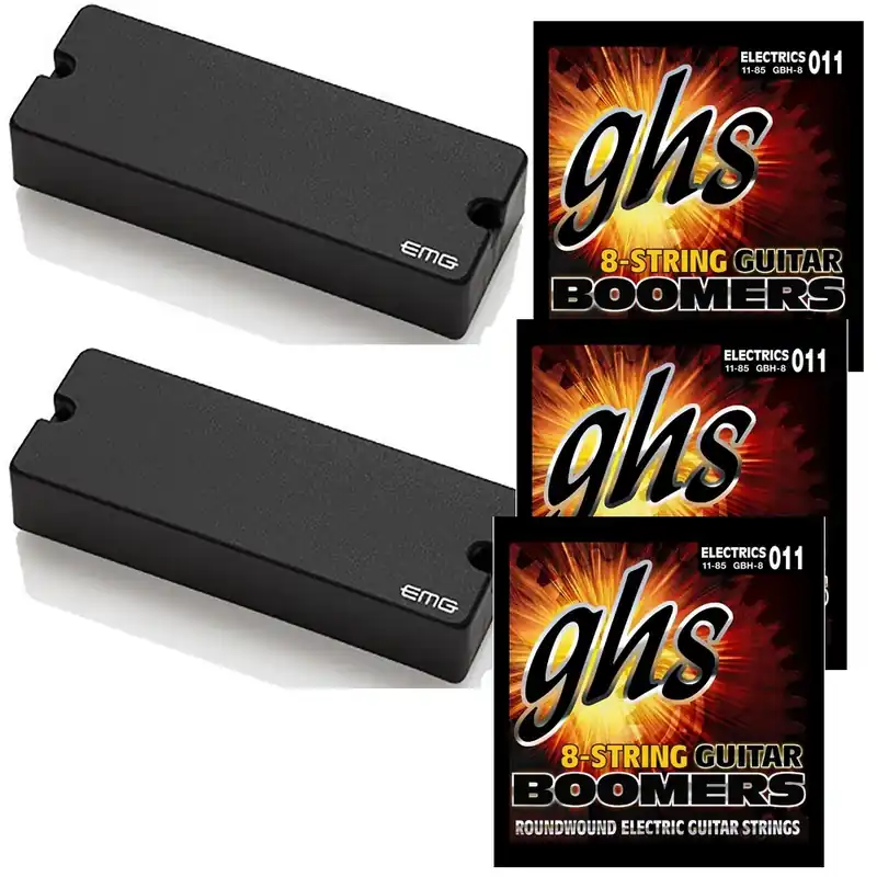 Hot Deal EMG 81-8 and 85-8 Active Soapbar Pickup Set (Black) with 3-Pack of GHS Heavy Strings (11-85)