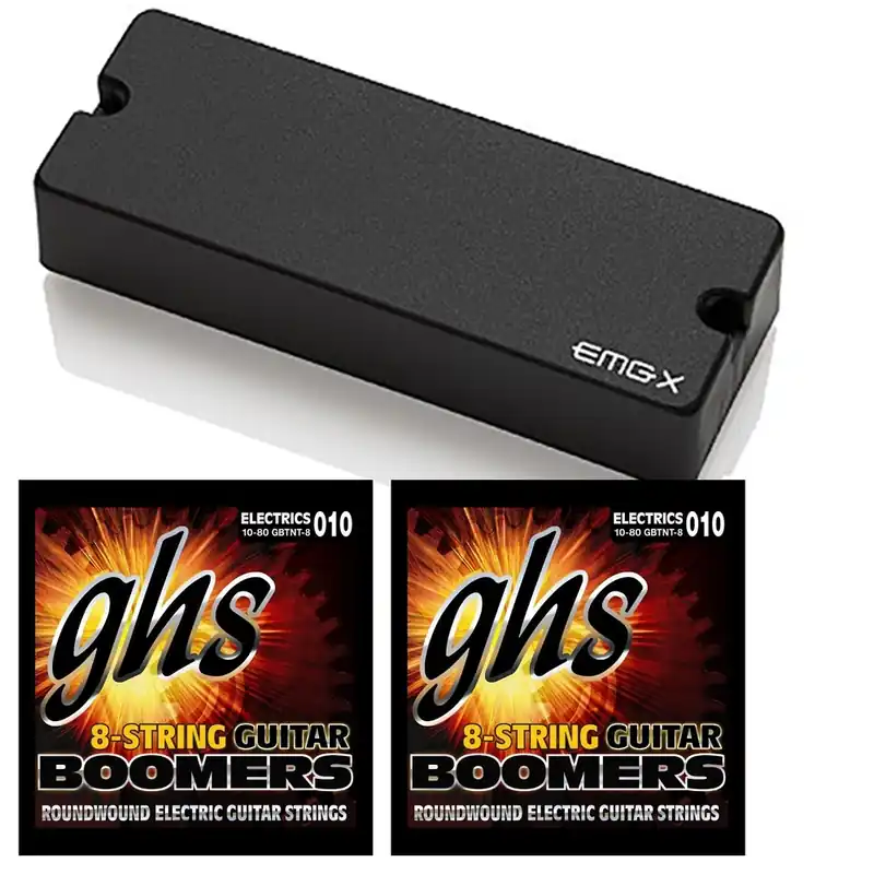 EMG 808X 8-String Active Soapbar Pickup (Black) with 2 Sets of GHS Thin/Thick Strings (10-80) Worldwide Shipping