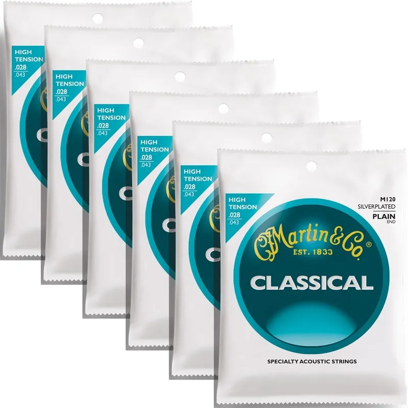 6 Sets of Martin M120 High Tension Silver Plated Nylon Guitar Strings, Medium (28-43) Exclusive