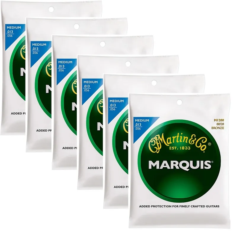 6 Sets of Martin M1200 Marquis 80/20 Bronze Acoustic Strings, Medium (13-56) Modern