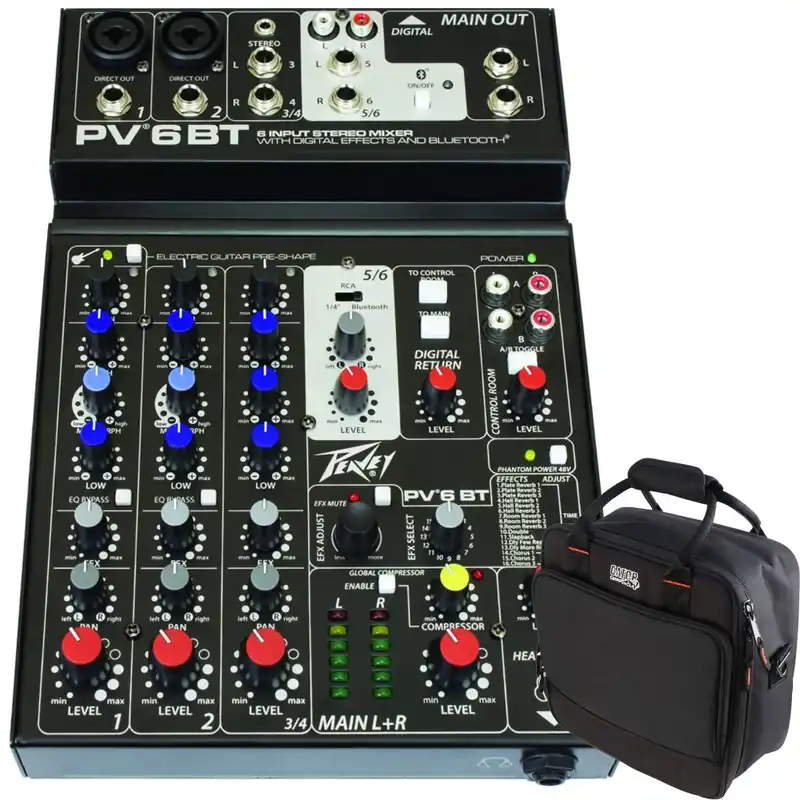 Money Back Guarantee Peavey PV 6 BT 4-Channel Bluetooth Mixer with Gator G-MIXERBAG-1212 Mixer/Gear Bag