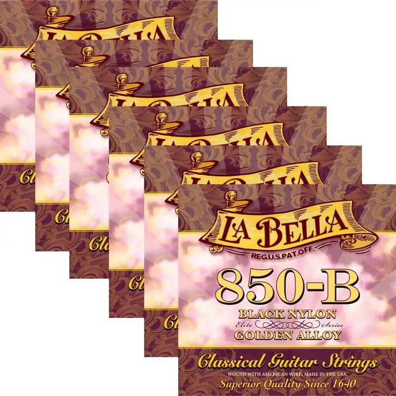 6 Sets of La Bella 850B Black Nylon Elite Series Golden Alloy Classical Guitar Strings, Medium (28-41) Professional Grade