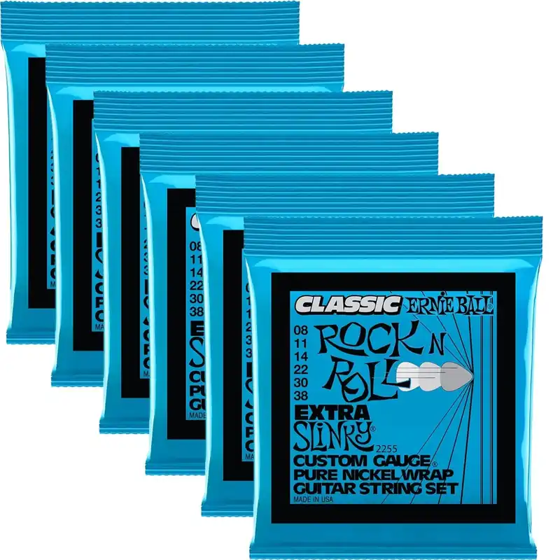 6 Sets of Ernie Ball 2255 Classic Pure Nickel Extra Slinky Electric Guitar Strings (8-38) Original