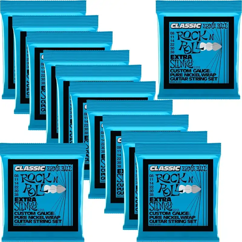 12 Sets of Ernie Ball 2255 Classic Pure Nickel Extra Slinky Electric Guitar Strings (8-38) Genuine