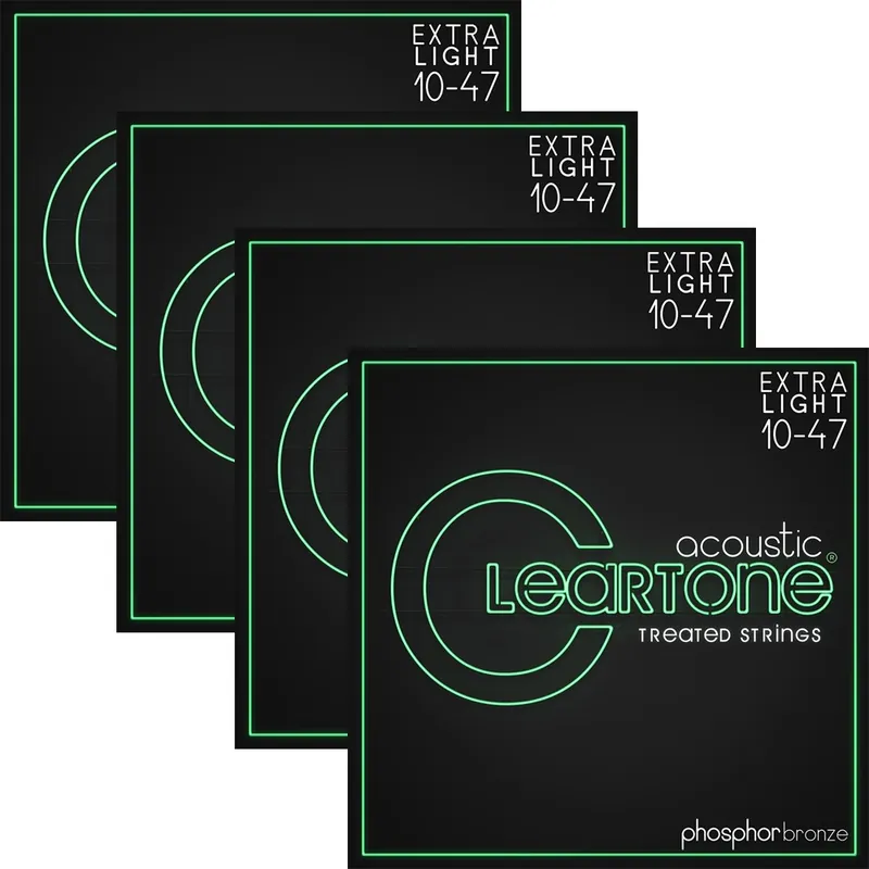4 Sets of Cleartone 7410 Acoustic Guitar Strings, Phosphor Bronze, Coated, Extra Light (10-47) Must Have