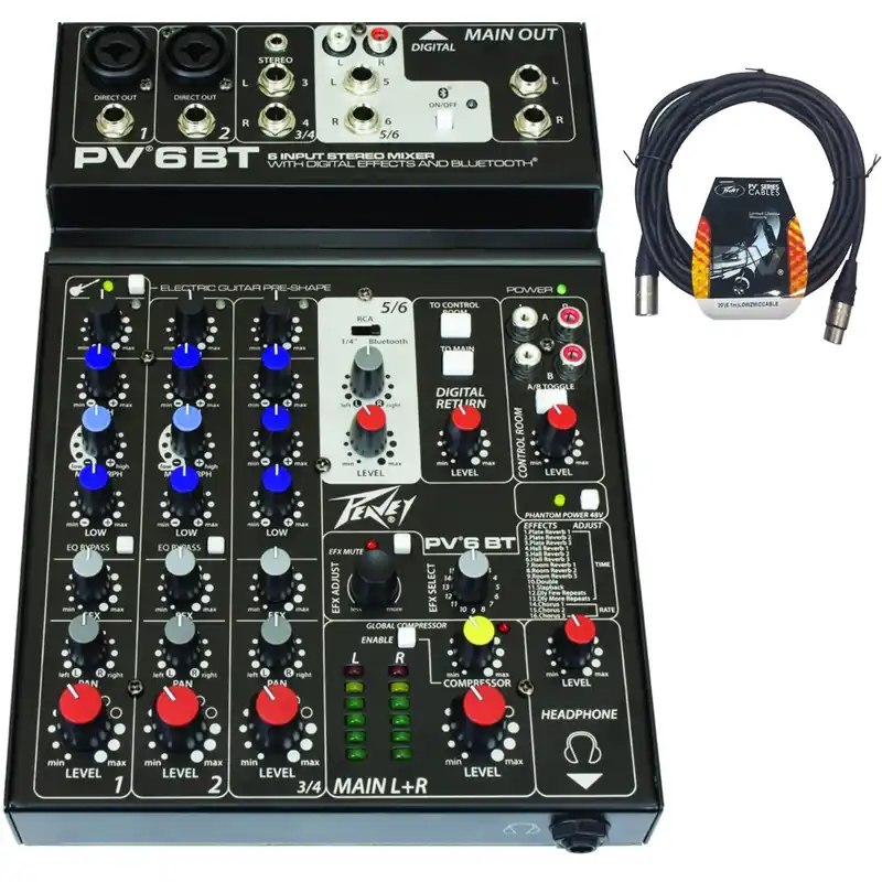 Peavey PV 6 BT Stereo Bluetooth Mixer with 20' XLR Cable Holiday Sale