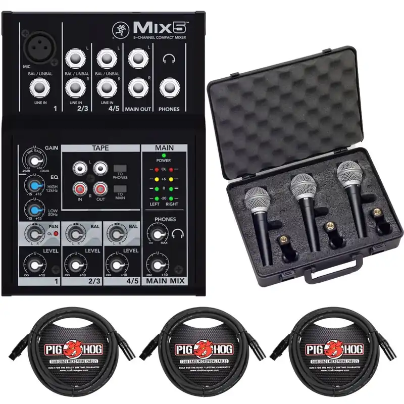 Grab Now Mackie MIX5 5 Channel PA Mixer + Microphones & Cable Bundle