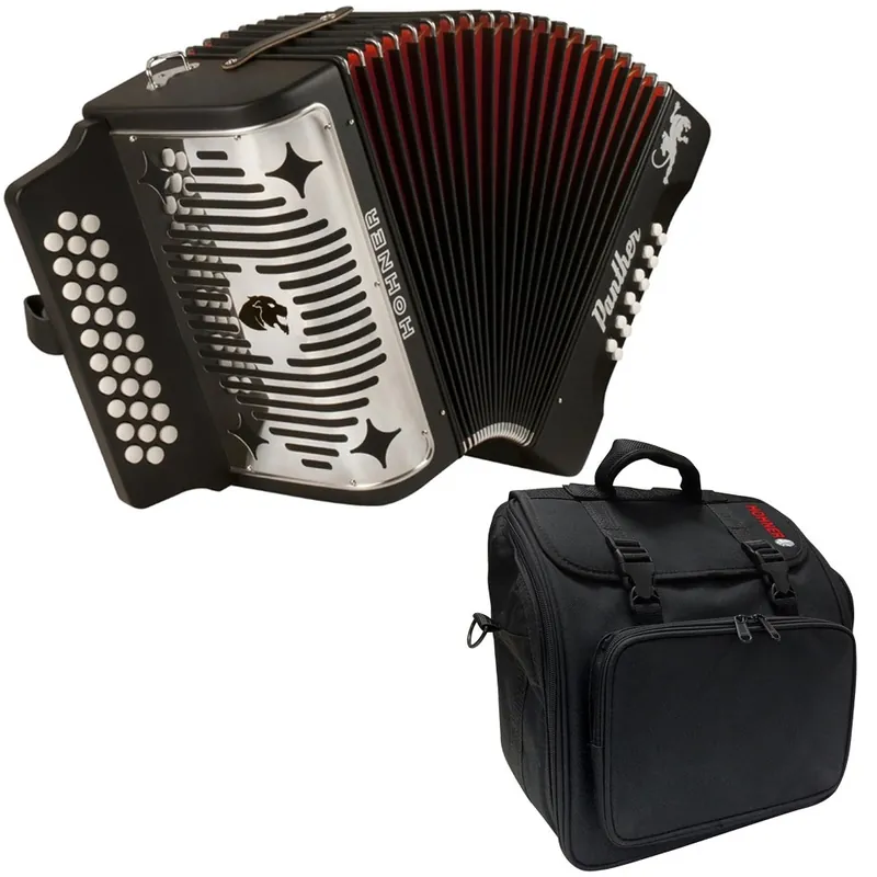 Fresh Stock Hohner Panther 31-Key Diatonic Accordion in Black Laquer Finish, Keys of G C F with Gig Bag