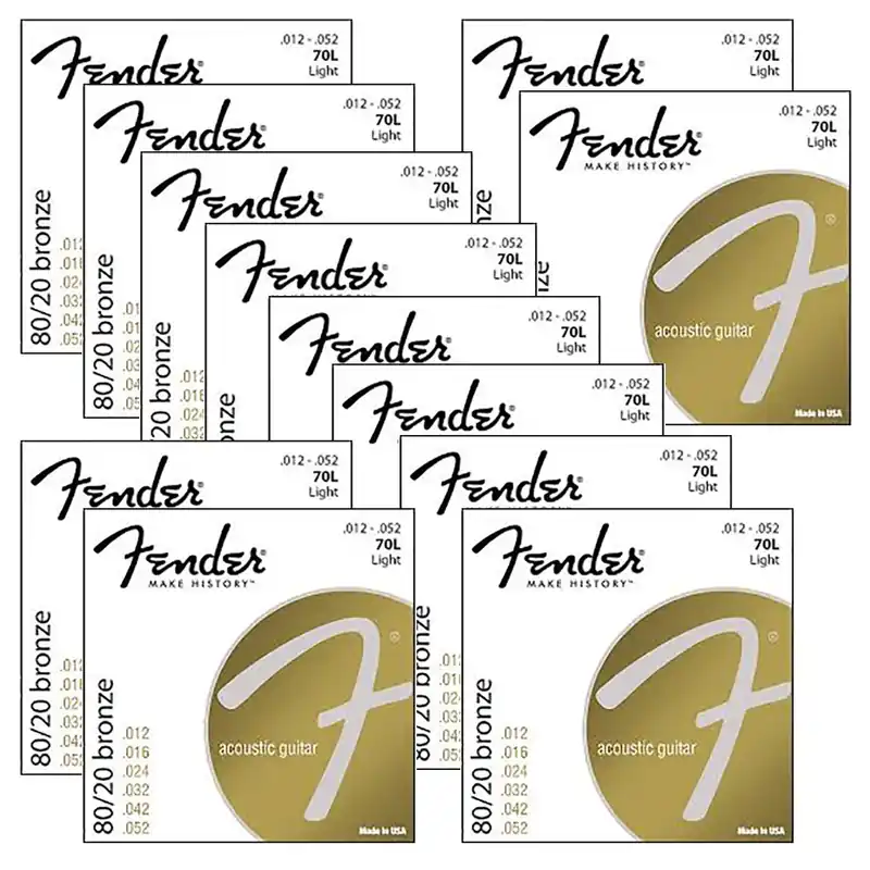 12 Sets of Fender 70L 80/20 Bronze Light Acoustic Guitar Strings (12-52) Next Day Delivery