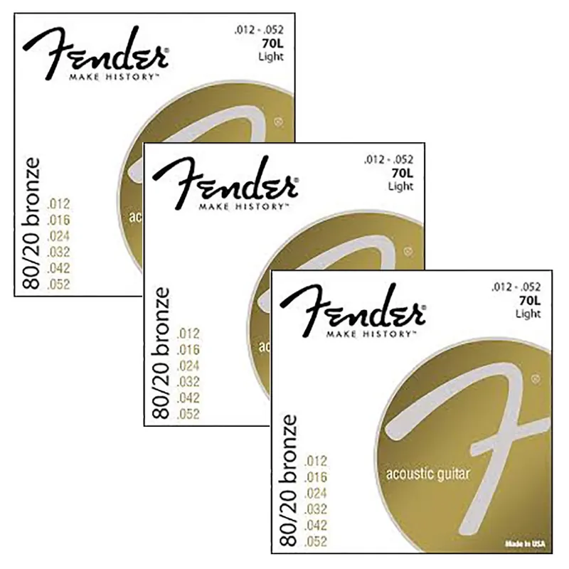3 Sets of Fender 70L 80/20 Bronze Light Acoustic Guitar Strings (12-52) Grab Now
